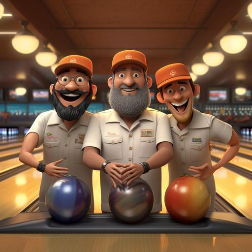 Pixar cartoon; three men bowling; two with hats on; one with a grey beard the other two no beard; bowling balls in hands in front of them; stand on a bowling alley lane; 8k; hd; realistic; ultra realistic