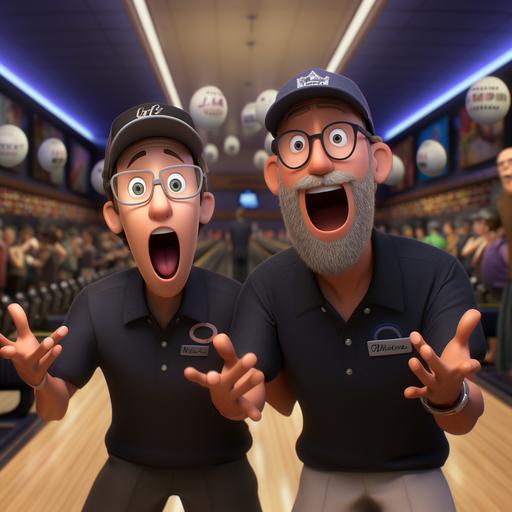Pixar cartoon; two young men wearing matching black bowling shirts and hats; one man with a grey beard wearing square glasses; bowling balls in hands; mouths open; standing on a bowling alley lane; 8k; hd; realistic; ultra realistic