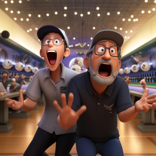 Pixar cartoon; two young men wearing matching black bowling shirts and hats; one man with a grey beard wearing square glasses; bowling balls in hands; mouths open; standing on a bowling alley lane; 8k; hd; realistic; ultra realistic
