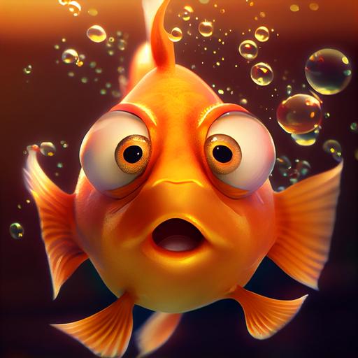 Pixar soft lighting, ultra cute fat golden goldfish in bowl making a funny face, golden bubbles and reflections, face of a ultra stunning goldfish closeup, headshot, goofy eyes, realistic eyes, beautiful perfect symmetrical face, extremely detailed, ultra hd, hdr, 8k, cinematic, dramatic lighting, studio Portrait Lighting, illuminated face, 85mm, volumetric lighting, ray tracing reflections, unreal render --upbeta --v 4