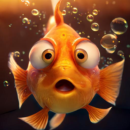 Pixar soft lighting, ultra cute fat golden goldfish in bowl making a funny face, golden bubbles and reflections, face of a ultra stunning goldfish closeup, headshot, goofy eyes, realistic eyes, beautiful perfect symmetrical face, extremely detailed, ultra hd, hdr, 8k, cinematic, dramatic lighting, studio Portrait Lighting, illuminated face, 85mm, volumetric lighting, ray tracing reflections, unreal render --upbeta --v 4