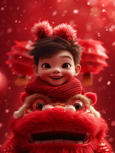 Pixar style, a cute little Chinese boy, Exaggerated and weird expressions, wearing a red sweater sitting on the head of a red dragon without teeth,the little boy wearing a red wool scarf, exaggerated expression, pure Chinese red background, big red background, very festive, Chinese elements, welcoming the New Year, commercial photography, glow, God Ray, ray tracing, backlight, 32k --ar 3:4 --s 250 --v 6.0