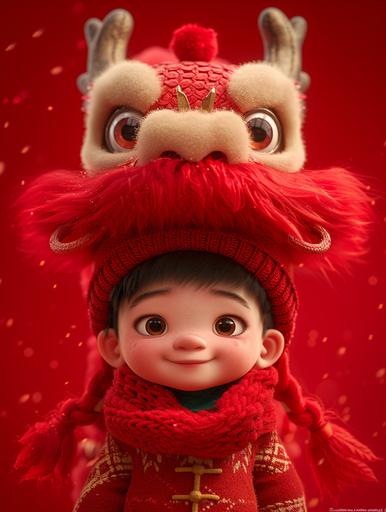 Pixar style, a cute little Chinese boy, Exaggerated and weird expressions, wearing a red sweater sitting on the head of a red dragon without teeth,the little boy wearing a red wool scarf, exaggerated expression, pure Chinese red background, big red background, very festive, Chinese elements, welcoming the New Year, commercial photography, glow, God Ray, ray tracing, backlight, 32k --ar 3:4 --s 250 --v 6.0