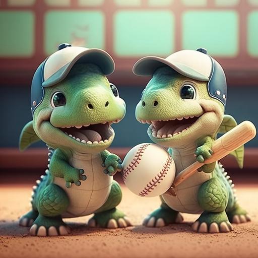 Pixar style animation, two cute baby dinosaurs playing baseball in baseball stadium, pastel color, fun, smile, --uplight