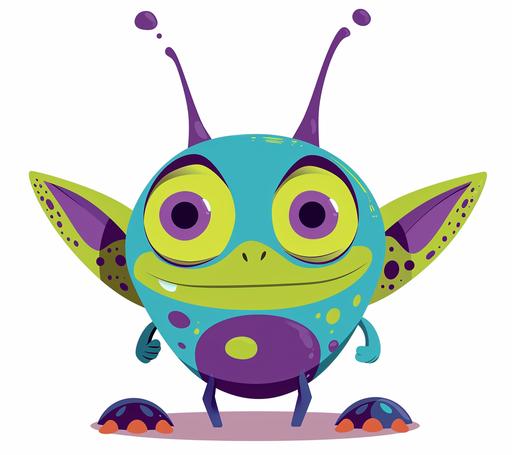 Pixar style cartoon of Disney alien space monster character, vibrant bold colors, simple and minimalistic, clean lines, inspired by Walt Disney, Jim Capobianco, Susan Bradley, Geefwee Boedoe and graphic designers Laura Meyer, Paul Conrad, and Craig Foster adding beauty, humor, texture, and a sense of time and place. --no heliocentric --ar 19:17 --v 6.0