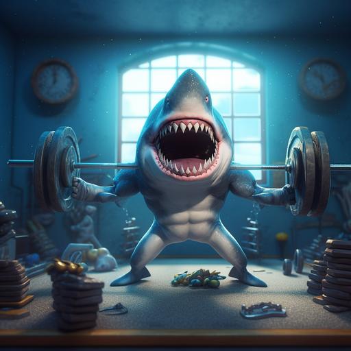 Pixar style muscular blue shark lifting weights in a gym.
