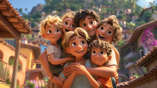 Pixar style. Happy family hugging with a mum and dad and three daughters and one son with blonde hair happy at a hotel in Mexico. 3D Animation. --ar 16:9 --v 6.0 --s 250