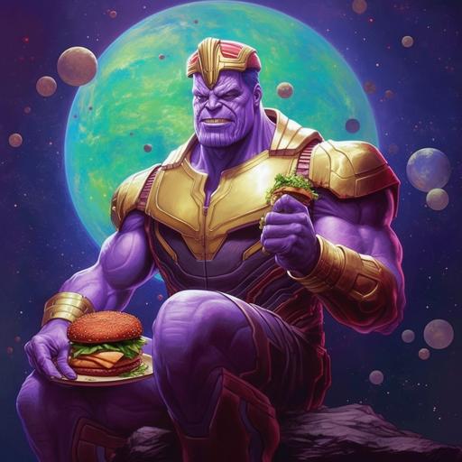 Imagina un astronauta versión avengers peleando contra thanos mientras ordena una hamburguesa de in and out todo hecho con colores verdes y morados