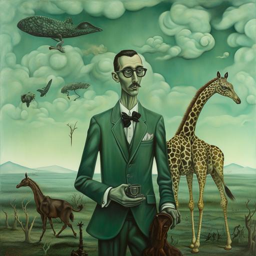 una pintura de una jirafa voladora con el estilo de Dalí en tonos verdes y morados