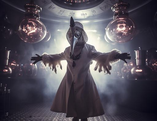 Plague doctor astronaut breakdances in an opulent hyperbaric wroght - iron reinforced liquid - nitrogen - cooled jovian - laboratory - glassware chamber city lit only by the bioluminescense of his hexaradially - symmetrical furry echinoderm audience. Cinematic - still 8400 ISO 8k digital photography with volumetric sequoia god rays illumination realistic Robert Maplethorp Octane Myst Unreal Engine 5 Halo render. --ar 43:33