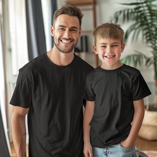 Plain black t-shirt mock-up, smiling and happy 30 year old man and happy 5 year old son, both wearing totally plain black t-shirts, standing front on, very sunny loungeroom background, photo realistic