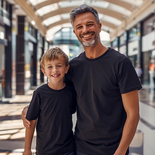 Plain black t-shirt mock-up, smiling and happy 30 year old man and happy 5 year old son, both wearing totally plain black t-shirts, standing front on, very sunny mall in background, photo realistic