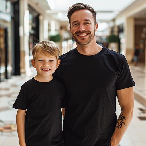 Plain black t-shirt mock-up, smiling and happy 30 year old man and happy 5 year old son, both wearing totally plain black t-shirts, standing front on, very sunny mall in background, photo realistic