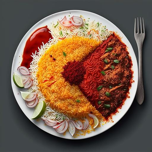 Plate full of kacchi biryani with red colored rice.