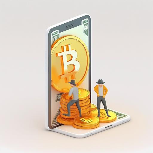 Play to earn, men making money with phone , fond blanc , 8k , bitcoin