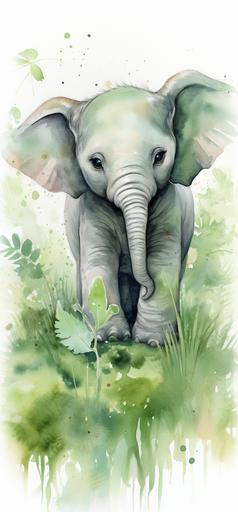 Playful Baby Elephant, adorable, watercolor painting, lush green surroundings, watercolor wash, --ar 15:32