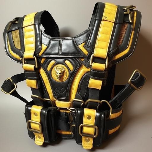 Please create a Radio Toll Chest Harness. With a clean high end luxury design. Main Color Black & Yellow. skin tone like Scorpion from Mortal Kombat. Ultra-durable 600×600 denier material, Zip-lock central pocket – 22cm(H) x 20cm(W) x 3cm(D), Button-lock two-way radio pocket – 10cm(H) x 6cm(W) x 3cm(D), Front pocket with closure flap – 14cm(H) x 10cm(W) x 2cm(D), Strap-mounted D-ring for additional attachments, Fully adjustable shoulder and torso straps, Unloaded size (main chest pack area) 20.5cm(H) x 20cm(W) x 4cm(D).