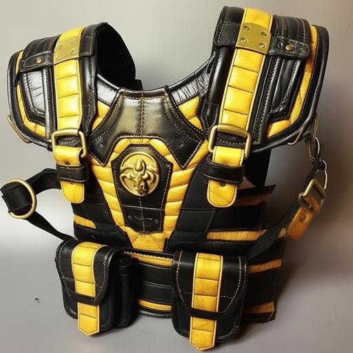 Please create a Radio Toll Chest Harness. With a clean high end luxury design. Main Color Black & Yellow. skin tone like Scorpion from Mortal Kombat. Ultra-durable 600×600 denier material, Zip-lock central pocket – 22cm(H) x 20cm(W) x 3cm(D), Button-lock two-way radio pocket – 10cm(H) x 6cm(W) x 3cm(D), Front pocket with closure flap – 14cm(H) x 10cm(W) x 2cm(D), Strap-mounted D-ring for additional attachments, Fully adjustable shoulder and torso straps, Unloaded size (main chest pack area) 20.5cm(H) x 20cm(W) x 4cm(D).