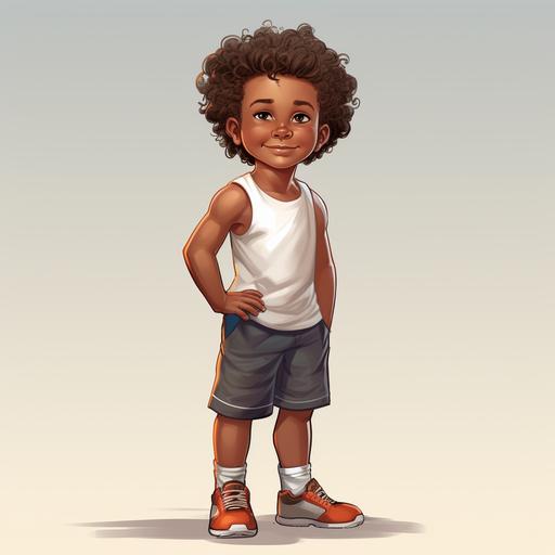 Please create a full-body digital illustration of a young African American boy with a cheerful and confident demeanor. He should be standing with one arm flexed in a subtle show of strength, but with less muscular definition to emphasize his youthfulness. His hair is curly and black, and he has a bright, friendly smile. The boy is dressed in a sleeveless white tank top, paired with red basketball shorts, and teal and black high-top sneakers. One hand is in his pocket and one arm is making a muscle pose. The background should be minimalist white with an artistic splash of vibrant, abstract colors behind him, suggesting energy and movement. The style should be contemporary digital art, with a focus on soft lighting that enhances the joyful and lively essence of the boy. Remember to balance the details in his outfit with the dynamic background to create a playful yet strong visual narrative.