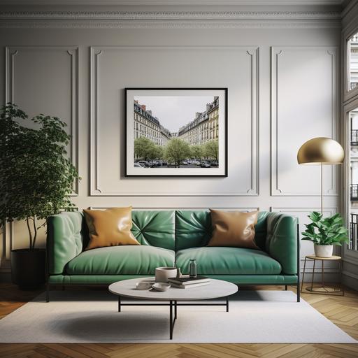 Please create an award winning mock up of a Parisian apartment. f2.8 bokeh sony a9. It needs to breaks down an interior architecture photograph composition into the following key elements, where each of these key elements is a column: editorial style photo, high angle, retro, living room, leather light green sofa. Include an empty, blank poster, frame, in the background, blank 24