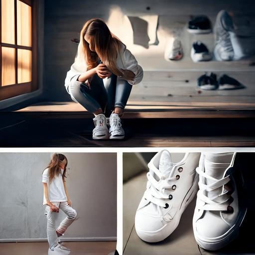 Please create four accurate images from one angle, showcasing a girl squatting while wearing white thick-soled casual women's shoes. The girl's clothing style is sporty: The background should be set in a room with a wooden floor, bright lighting, and the shoes' details should be clean and clear. If possible, please reference the style of shoes from major brands for a detailed and clear design presentation.