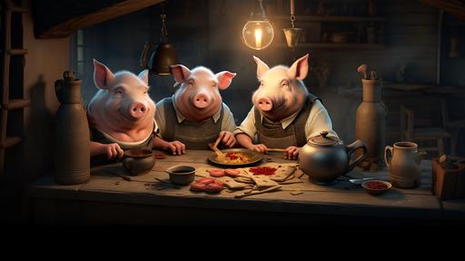 Please draw me a scene from the story of The three little pigs and the big bad wolf . Funny, sharp details, photorealistic , cinematografic --ar 16:9