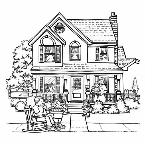 Please generate a black and white only coloring page with black lines only and no gray scale a cartoon drawing for kids featuring two homes next door to each other in a neighborhood with a family from one home including a mom, dad and two children bringing a rectangle covered dish of food to an elderly neighbor who is sitting in a rocking chair on her front porch.