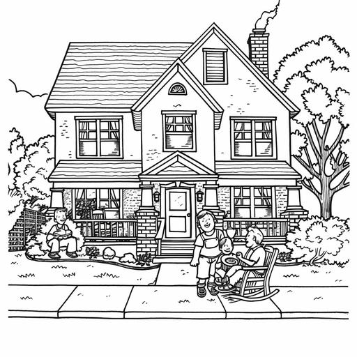 Please generate a black and white only coloring page with black lines only and no gray scale a cartoon drawing for kids featuring two homes next door to each other in a neighborhood with a family from one home including a mom, dad and two children bringing a rectangle covered dish of food to an elderly neighbor who is sitting in a rocking chair on her front porch. --v 6.0