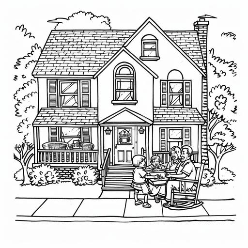 Please generate a black and white only coloring page with black lines only and no gray scale a cartoon drawing for kids featuring two homes next door to each other in a neighborhood with a family from one home including a mom, dad and two children bringing a rectangle covered dish of food to an elderly neighbor who is sitting in a rocking chair on her front porch. --v 6.0