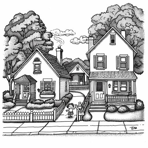 Please generate a black and white only image with black lines and no gray scale, a kids cartoon drawing with two homes next door to each other with a child getting the mail for her elderly neighbor on the front porch waving.