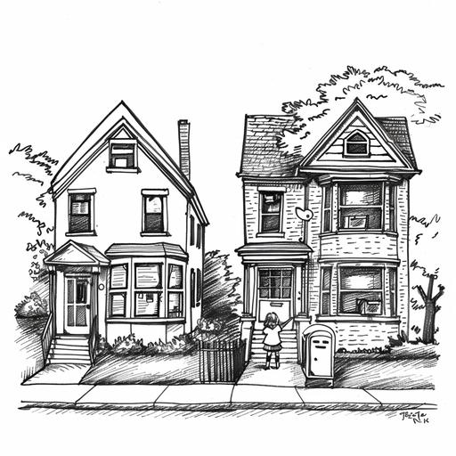 Please generate a black and white only image with black lines and no gray scale, a kids cartoon drawing with two homes next door to each other with a child getting the mail for her elderly neighbor on the front porch waving.