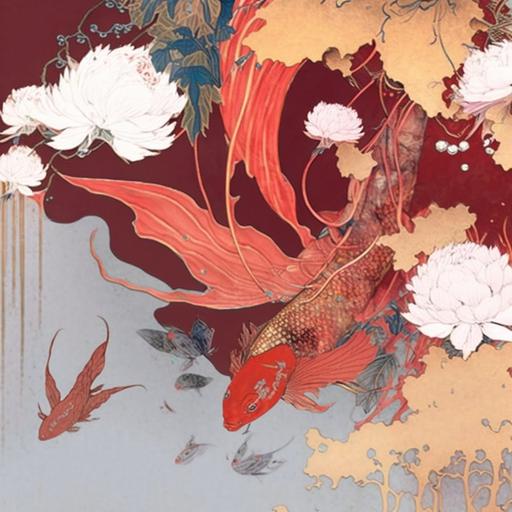 Please take the above picture as a visual reference, the picture is mainly red, the picture is full of summer full of vibrant Chinese herbs, lotus, koi, butterfly and heart shape as the main body, please generate 4K HD, the picture is ethereal and beautiful, dreamy and mysterious, refer to Chinese ink painting.