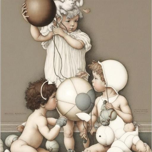 Plush toddlers playing ball by Norman Rockwell and Michael Parkes --no border --no frame --v 4 --q 2