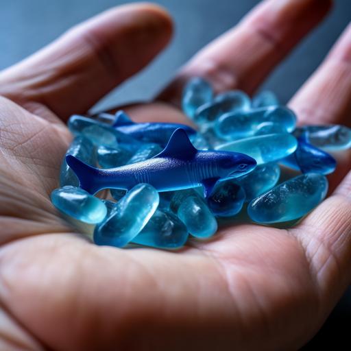 A handful of tiny blue shark gummy candies, macro photography, realistic detail, 32k uhd, Food magazine photograph with Sofia Vergara looking hungry, I can't believe how beautiful this is, rtx on, uhd image, ragecore --c 9 --uplight --q 2