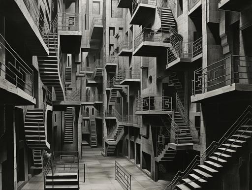 The Big House, prison cell block designed by M. C. Escher, vintage 1960's jailhouse photograph --ar 4:3 --uplight --q 2