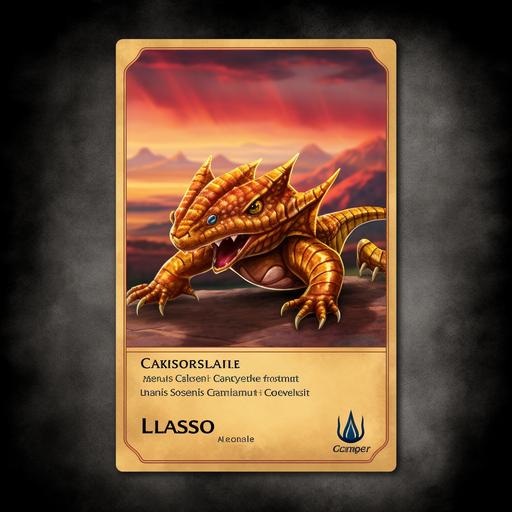 Pokémon Card Name: Lavascorp Visual Description: Lavascorp is a remarkable creature, combining features of a scorpion and a lizard, with an outer shell resembling solidified lava. Its body is covered in warm, shiny rocks, giving it a majestic appearance rather than a menacing one. Its eyes glow with a friendly light, and its posture denotes a docile nature. Type: Fire/Poison Attacks: Incandescent Tail: Lavascorp can use its tail to unleash fire attacks, causing burning damage to its opponents. Hot Venom: Lavascorp's stings are infused with a burning venom, gradually poisoning its opponents over time. Friendly Nature: Lavascorp is known for its friendly temperament and non-threatening behavior towards trainers and other Pokémon. It is often sought after as a companion for its gentle nature despite its fiery appearance. Habitat: Lavascorp can be found in volcanic environments and warm caves where lava is present. It enjoys geothermal areas and places where heat is abundant. Caution: While Lavascorp is a friendly Pokémon, trainers should still exercise caution as its fire and poison attacks can be powerful when provoked. However, with a caring trainer, Lavascorp will prove to be a loyal and protective companion. --s 250 --v 5.0