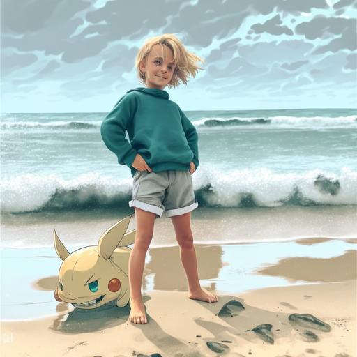 , Pokémon character finding an epic water Pokémon on the beach, Keiko Fukuyama style, illustration, blonde hair, Pokémon trainer cartoon, character, boy,