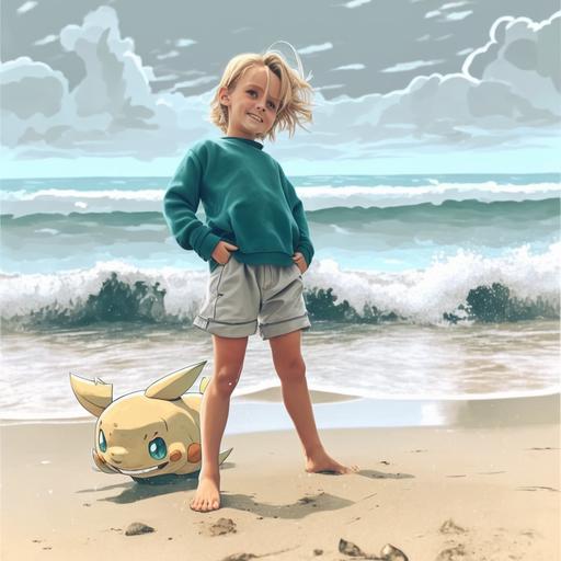 , Pokémon character finding an epic water Pokémon on the beach, Keiko Fukuyama style, illustration, blonde hair, Pokémon trainer cartoon, character, boy,