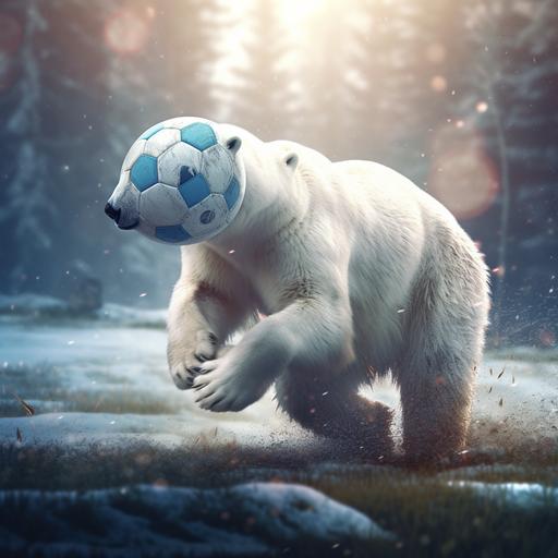 Polar Bear kicks blue soccer ball,photorealistic, colorful, bokeh