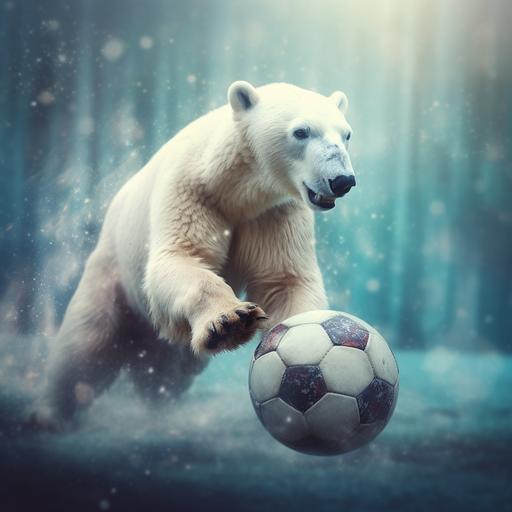 Polar Bear kicks blue soccer ball,photorealistic, colorful, bokeh