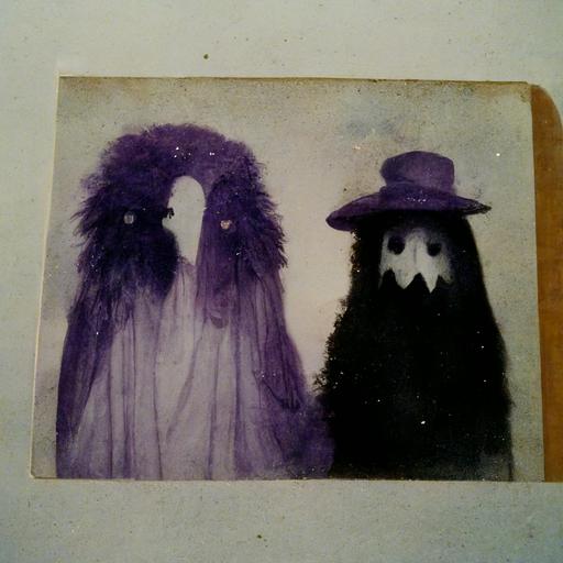 Polaroid picture of two ghosts one is wearing a Gucci hat and the other is wearing a purple feather boa