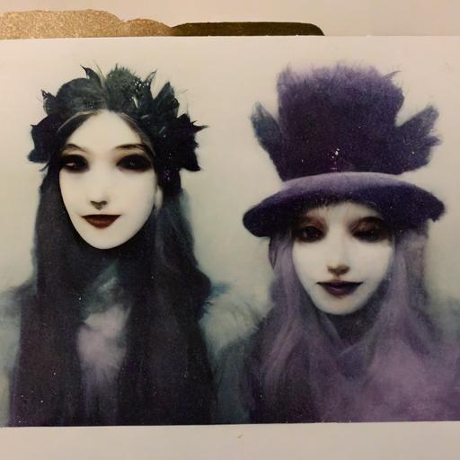 Polaroid picture of two ghosts one is wearing a Gucci hat and the other is wearing a purple feather boa --uplight