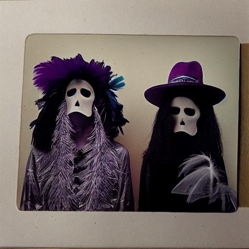 Polaroid picture of two ghosts one is wearing a Gucci hat and the other is wearing a purple feather boa --test --creative --upbeta
