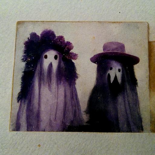 Polaroid picture of two ghosts one is wearing a Gucci hat and the other is wearing a purple feather boa