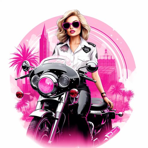Police Officer Barbie patrolling in a sparkling cruiser, fashion illustration style, chic, moonlit street, T-shirt design graphic, vector, contour, white background.