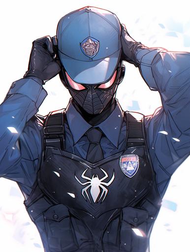 Police Officer themed Spider-Man, black & blue, police cap, character portrait, --niji 5 --ar 3:4