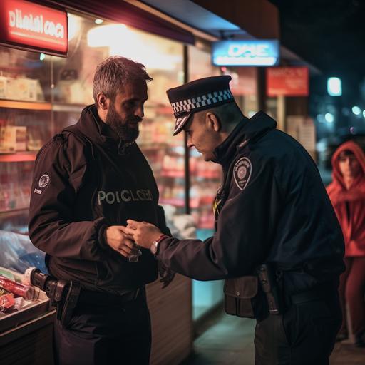 Police officer handcuffs a thief, outside of a pharmacy in Rome, night, pharmacy sign lit up