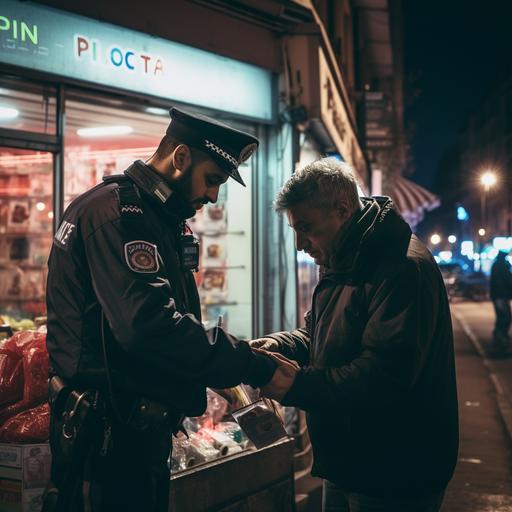 Police officer handcuffs a thief, outside of a pharmacy in Rome, night, pharmacy sign lit up