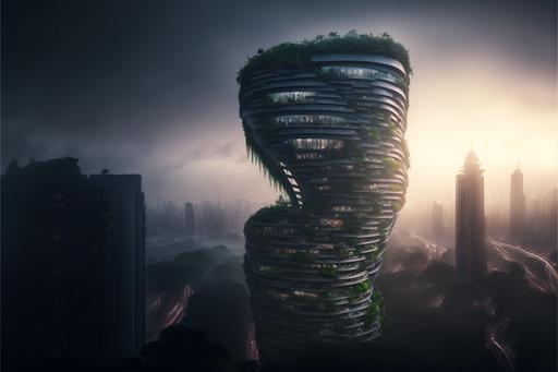 Polished Titanium and Translucent glass hotel tower designed by Thomas Heatherwick and Enki Bilial, balconies covered in ferns, fog, twilight, aerial photograph with a backdrop of downtown singapore --ar 3:2 --s 500