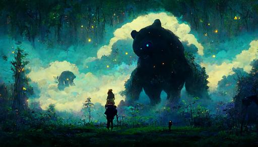 Stylized painting, enchanted forest, large bear lurking in dark, night sky, smoke and shadow, foreboding pressure getting closer, dark atmosphere, natural lighting, black fog, deep shadows, sense of fear, anime style, fantasy, Zelda Breath of the Wild, in the style of Studio Ghibli , no blur, 4k --ar 16:9